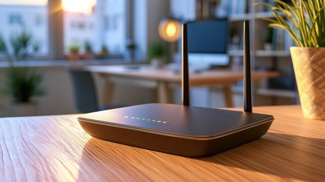 Modern router sits on wooden desk