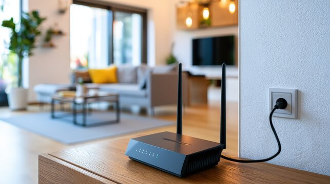 Modern router sits on wooden surface
