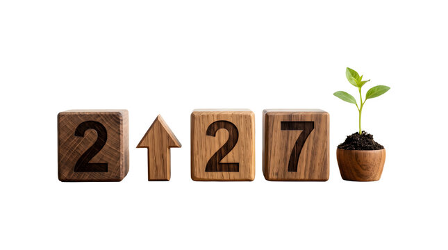 PNG wooden blocks with numbers and a growing plant isolated on transparent background
