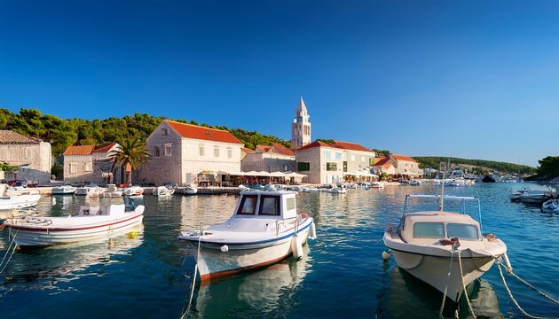 jelsa town on hvar island with traditional dalmatian stone architecture and boats moored in the harbor croatia