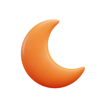 Stylized orange 3d crescent moon icon isolated on white background