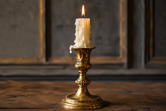 Brass candlestick with dripping wax. White candle on dark