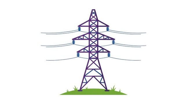 A purple electrical transmission tower stands on a green hill against a white background power lines electricity grid pylon
