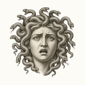 Medusa-inspired portrait with serpents and dramatic surreal expression