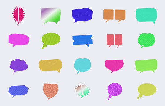 Colorful speech bubble icons with various shapes and transparent backgrounds