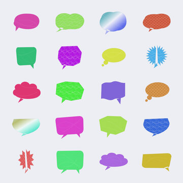 Colorful speech bubble icons with various shapes and transparent backgrounds
