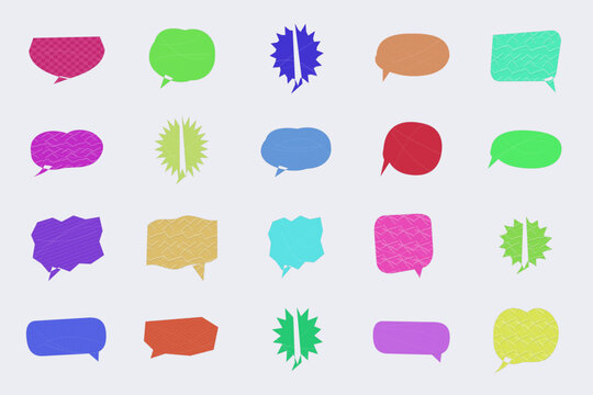 Colorful speech bubble icons with various shapes and transparent backgrounds