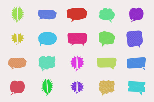 Colorful speech bubble icons with various shapes and transparent backgrounds