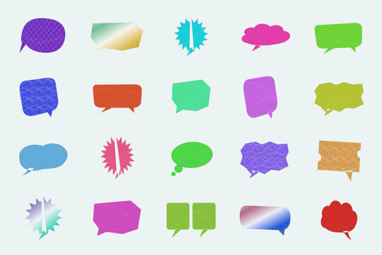 Colorful speech bubble icons with various shapes and transparent backgrounds