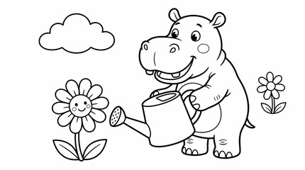 Fototapeta premium Cute cartoon hippopotamus watering a smiling flower in a garden, black and white coloring page for kids