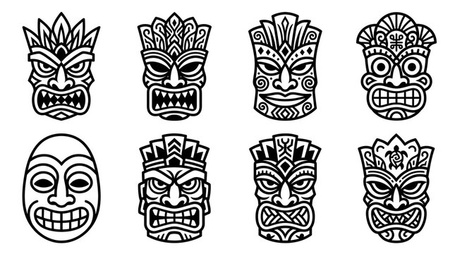 Collection of hand drawn tribal tiki masks, black and white illustrations