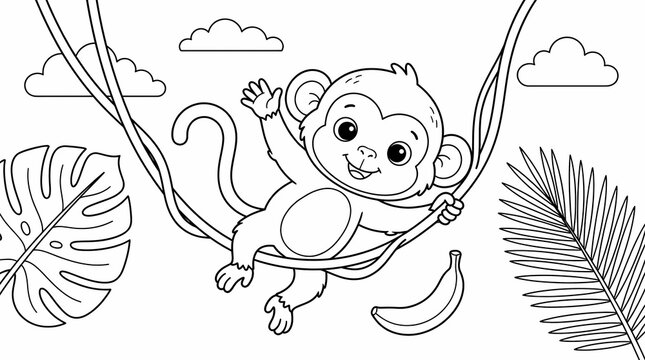 Cute cartoon monkey swinging on jungle vines coloring page for kids.