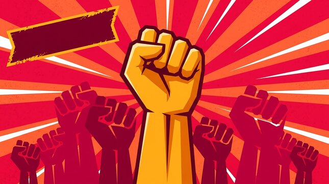 Raised fists symbolizing unity protest and activism against red background
