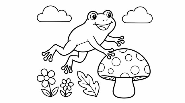 Happy cartoon frog jumping on a mushroom in a garden for children.