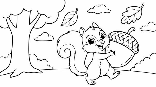 Cute squirrel holding a large acorn in a forest, black and white line art for coloring book.