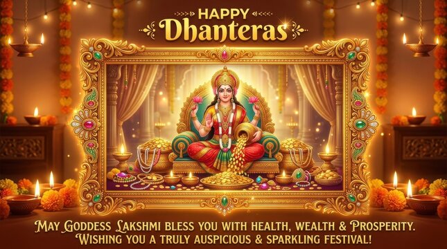 Goddess lakshmi depicted in ornate gold frame surrounded by traditional oil lamps and floral garlands hinduism deity divine prosperity