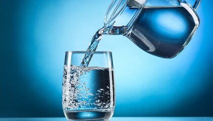 Fototapeta premium water poured from jug into glass on a blue background