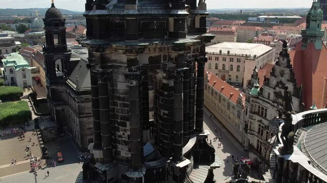 Aerial Drone Rising Up Cathedral Spire in Dresden Germany