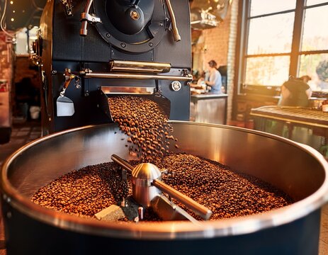 fresh roasted natural coffee beans cascading out of industrial coffee bean roaster machine inside the coffee shop