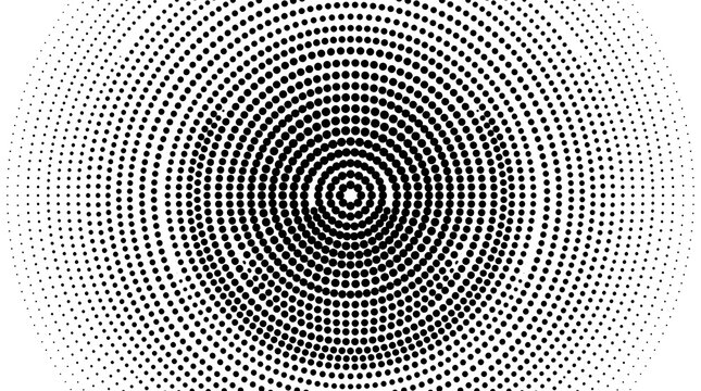 Circular black dot gradient pattern, abstract halftone radial background design.