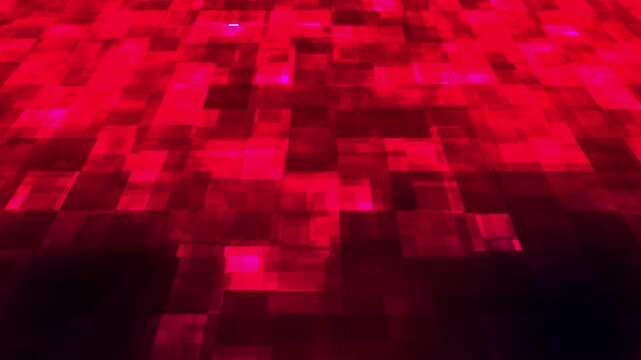 Red abstract digital grid video loop featuring glowing pixel square patterns in dynamic motion for futuristic technology backgrounds.