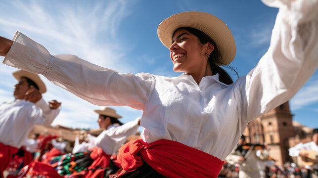 Vibrant Peruvian Dancers Celebrating Culture and Heritage During the Dia de La Raza Festival
