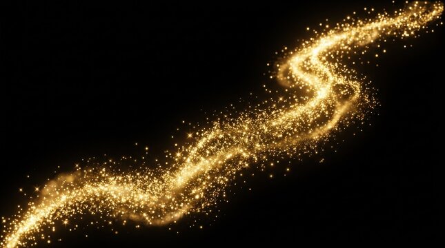 Golden glitter trail curves across a black background creating a sparkling dynamic vector illustration sparkle gold curve particles shimmer shine