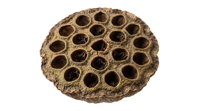 Empty dried lotus seed pod featuring a geometric pattern of circular chambers