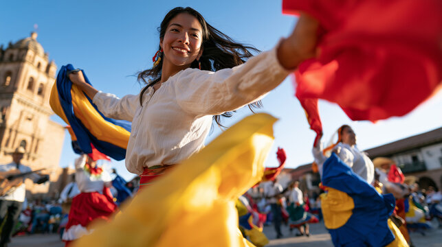 Vibrant Peruvian Traditional Dancers Celebrating During The Festive Dia de La Raza Street Event