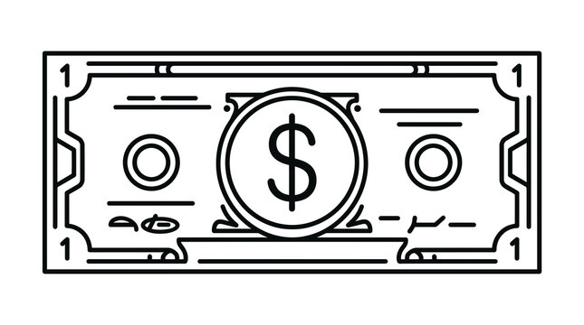 Minimalist dollar bill line icon, black and white currency vector illustration, simple money banknote symbol for business and finance