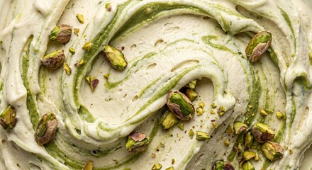 Obraz premium Delicious Refreshing Creamy Vanilla Pistachio Gelato Ice Cream Macro Texture Close up with Rich Swirls