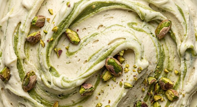 Delicious Refreshing Creamy Vanilla Pistachio Gelato Ice Cream Macro Texture Close up with Rich Swirls