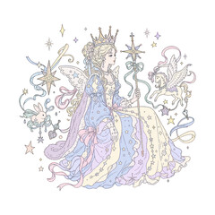 Fototapeta premium Fantasy princess with crown and wand, surrounded by stars and creatures. PNG, transparent background.