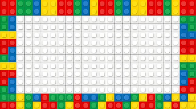 Empty white LEGO baseplate grid surrounded by colorful plastic bricks for creative building and design projects
