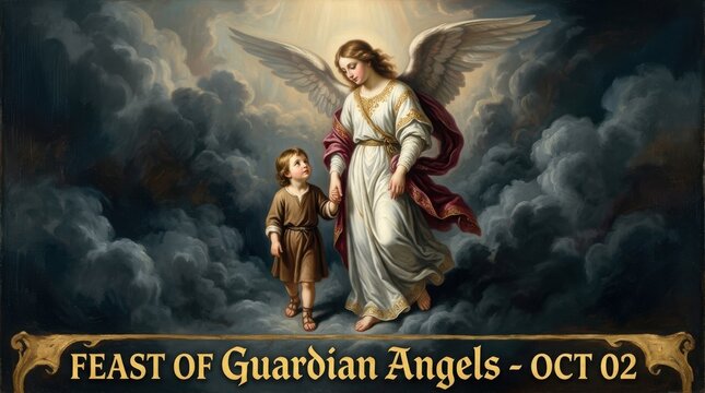 Guardian angel with child depicted in a classic painting style with dramatic clouds angelic childhood heavenly classicism religious artwork masterful
