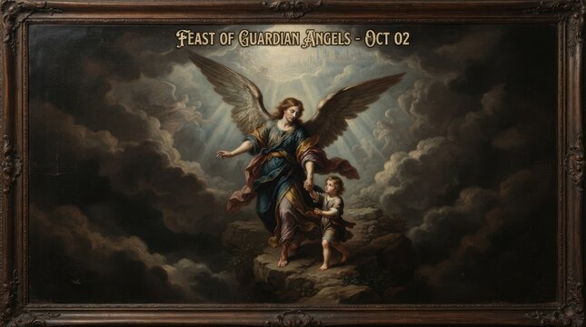 Guardian angel protects a young child in a dramatic old master style painting with a dark cloudy sky angelic protector