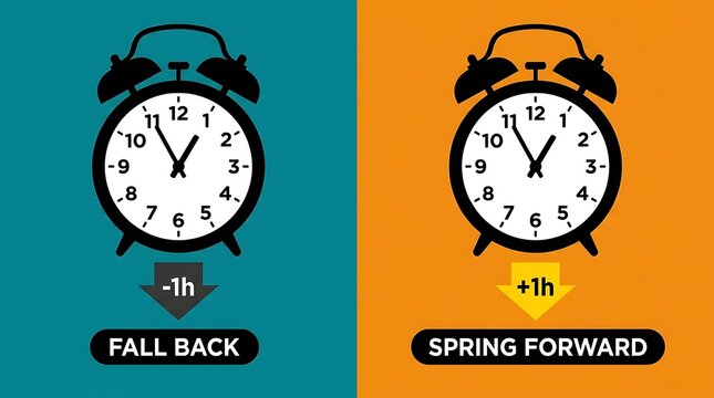 Daylight saving time concept with spring forward and fall back alarm clock illustrations