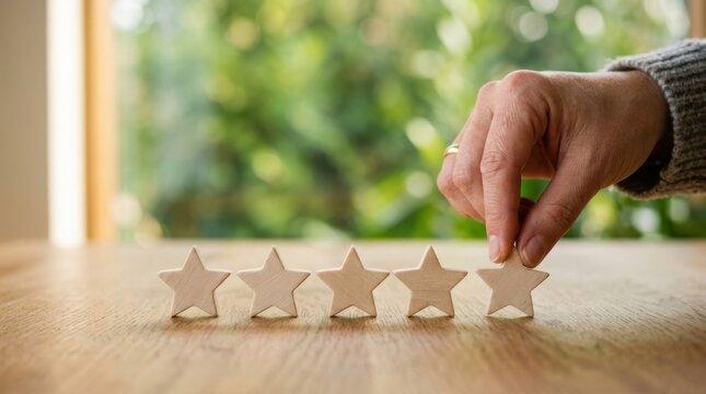 A hand reaches toward wooden star shaped tokens arranged on a light colored wooden surface assessment stars rating five-star feedback