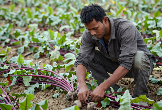 Farmer harvesting fresh organic beets from a cultivated field, agricultural worker picking root vegetables by hand, Sustainable food production and the connection between labor and fresh produce