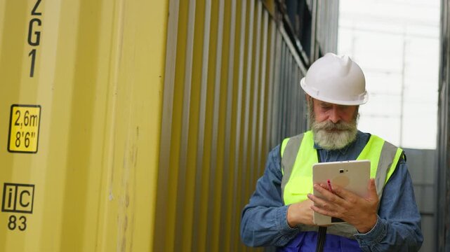 A senior port worker uses a digital tablet for inventory management and supply chain operations while standing between cargo containers at a shipping yard.
