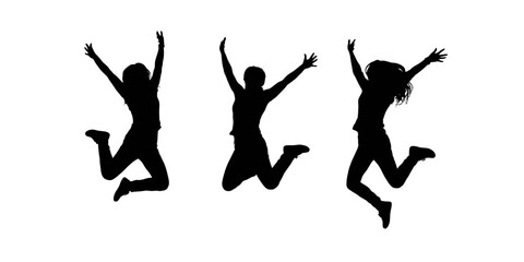 Three black silhouettes of joyful people jumping in the air with arms raised, representing happiness, success, freedom, and celebration, isolated on white background