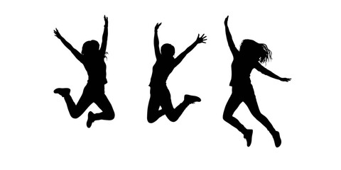 Three black silhouettes of happy people jumping in the air with arms raised, expressing joy, freedom, and excitement, isolated on a clean white background, for various concepts