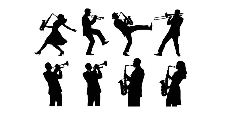 Set of eight black silhouettes of jazz musicians playing various instruments including saxophones, trumpets, and a trombone, isolated on a white background