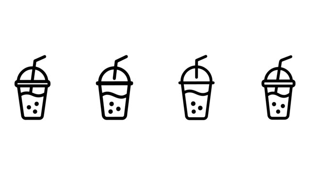 Bubble tea icons set simple line drawings beverage drinks with straw and ice cubes.