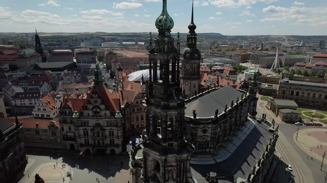 Aerial Drone Shot Of Dresden Cathedral Tower In Germany