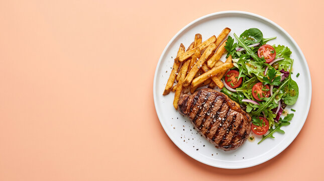Grilled beef steak with french fries and fresh salad on a plate, top view.