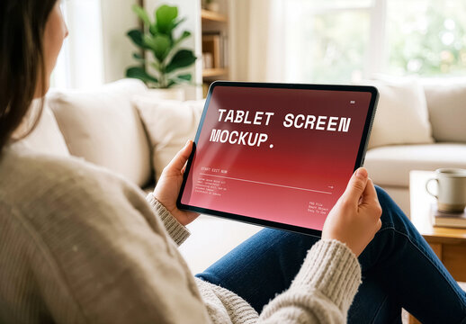 Tablet Device Mockup In Hands, Home Office Digital Content Scene