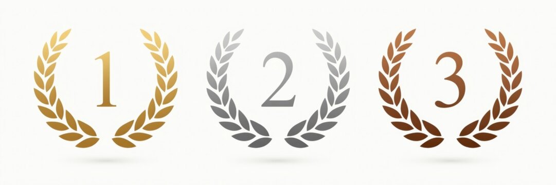Gold, silver, and bronze award laurel wreaths isolated on white background. Perfect for sports victory or competition ranking visuals.