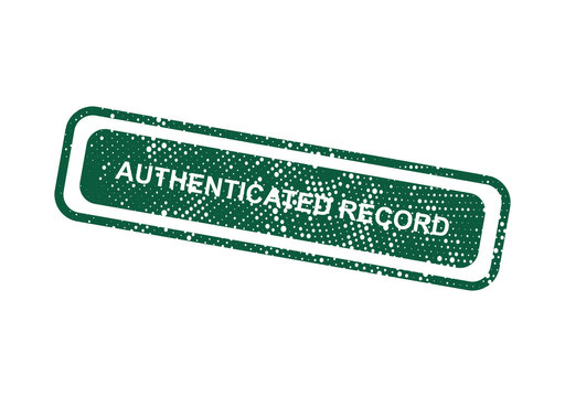 A rectangular green rubber stamp with a textured surface displaying the words authenticated record in a bold white sans-serif font style isolated on a transparent background