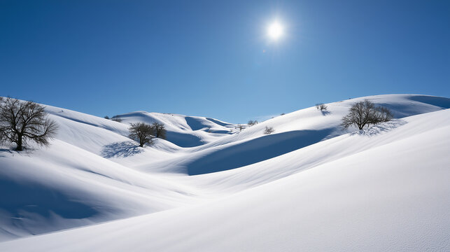 Bright sunlight illuminates rolling snowy hills and sparse bare trees under a deep blue sky.
